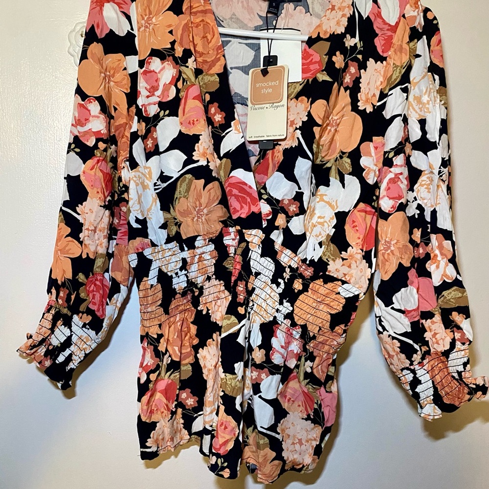 Harve Benard Floral Blouse - Black, Orange, White